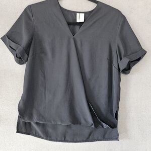 Japna Womens XS Boho Shirt Black Vneck Faux Wrap Short Sleeve Cuffed Blouse